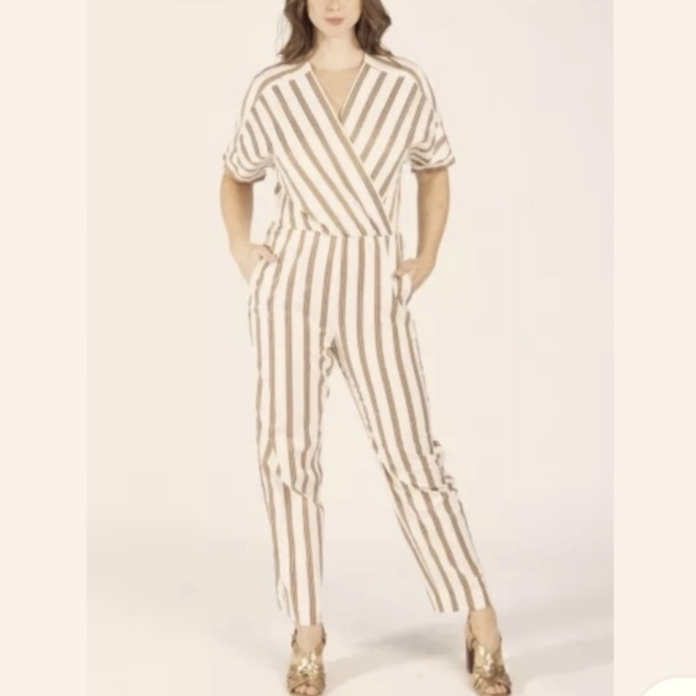 Maje Striped Jumpsuit in Tan and Cream 38